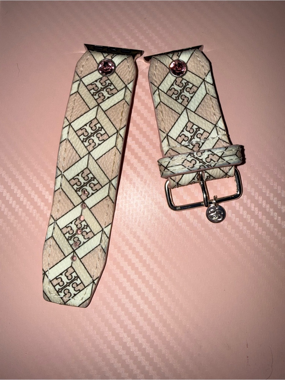 Tory Burch Pink Patterned Leather Watch Strap with Silver-Tone Buckle